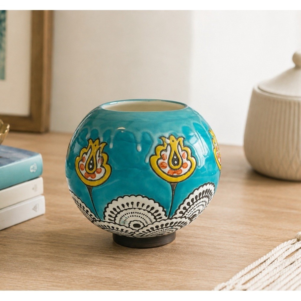 Hand Painted Blue Ceramic Vase Planter Cachepot Bowl Floral Boho Decor 5"
